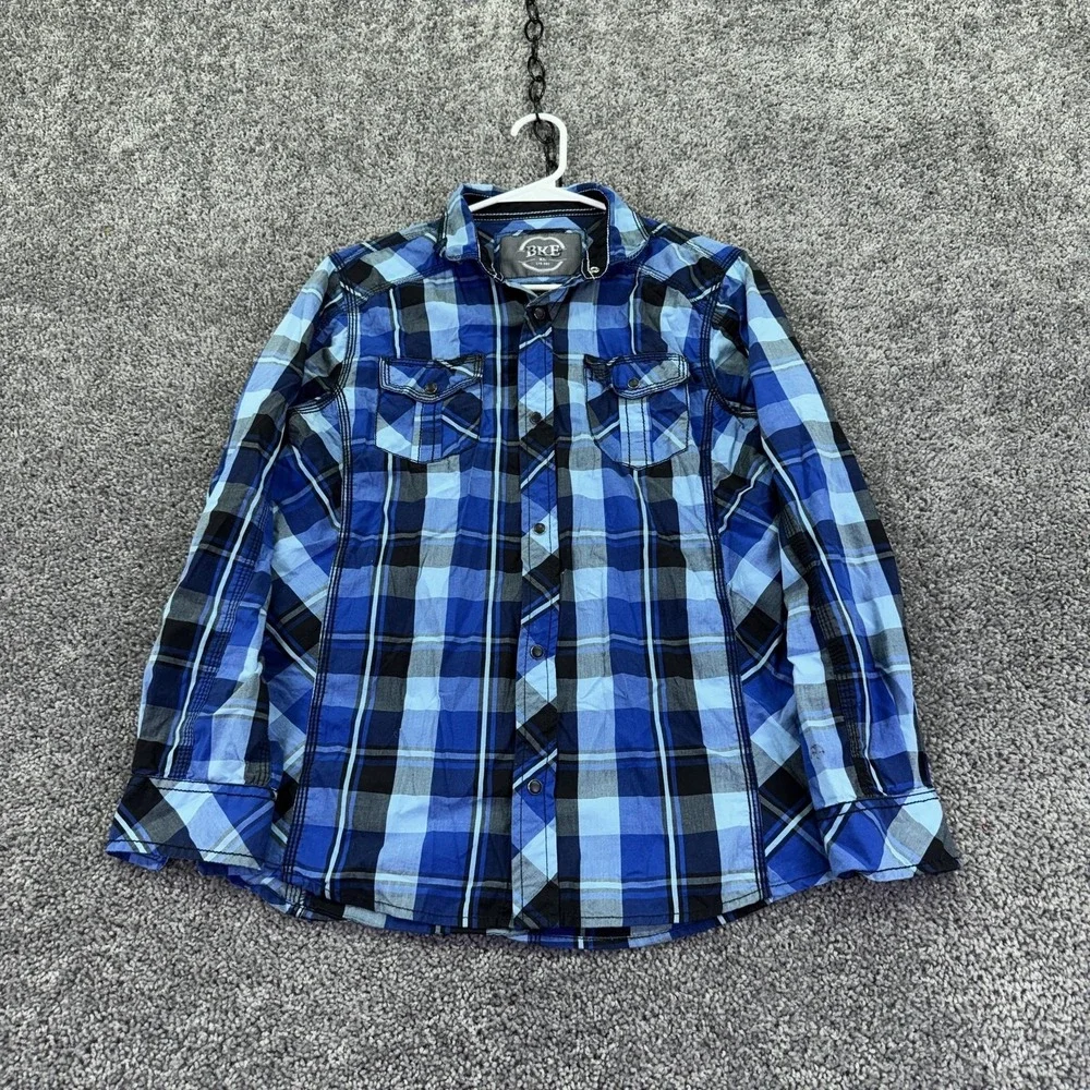 BKE Shirt Boys XL 18-20 Blue Plaid Long Sleeve Snap Button Up Casual Top